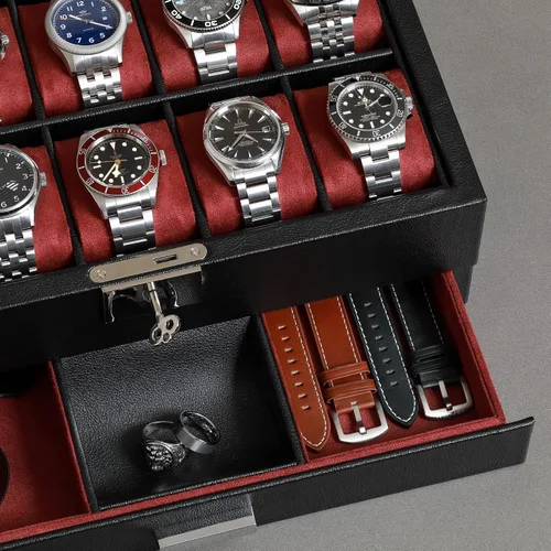 Miniatura 35 de ROTHWELL Caja de reloj de cuero de 10 ranuras con cajón de valet, organizador de exhibición de lujo con forro de microgamuza ultrasuave, soporte
