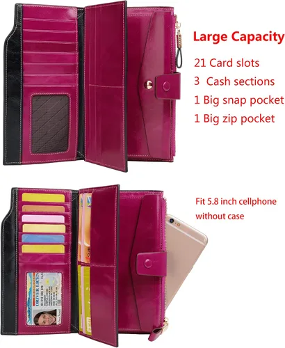 Miniatura 4 de YALUXE Cartera de piel auténtica para mujer, con bloqueo RFID, tarjetero múltiple con bolsillo para teléfono celular
