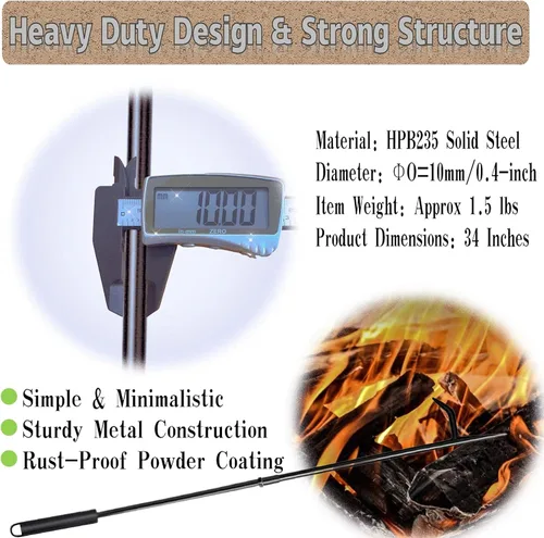 Miniatura 2 de Póquer de fuego para hogueras, póker resistente de acero sólido de 34 pulgadas, diseño extraíble portátil para hogueras, chimeneas al aire libre