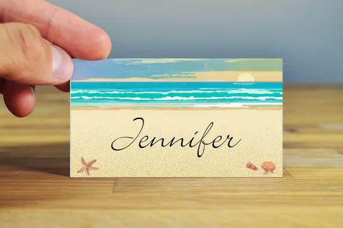 Miniatura 5 de Tarjetas de lugar con nombre de playa, 25 tarjetas de identificación para asientos de invitados, tiendas de campaña de playa y mesa tropical