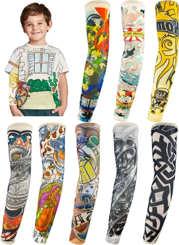 Mangas de brazo de tatuaje falso a granel, 8 piezas de protección solar temporal para niños pequeños y grandes