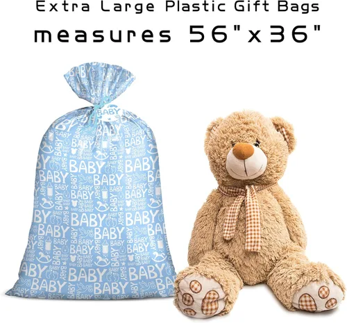 Miniatura 4 de Loveinside Bolsa de regalo jumbo azul grande de plástico, bolsa de plástico con diseño de niña con etiqueta y lazo para cumpleaños, baby shower