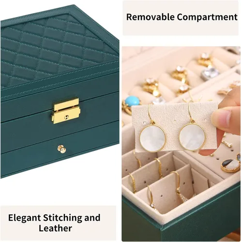 Miniatura 4 de GUOER Joyero para mujer, niña, esposa, grande, de piel sintética, organizador de joyas, con dos capas, para aretes, pulseras, anillos, relojes