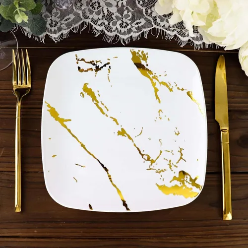 Miniatura 11 de Efavormart - Paquete de 10 platos cuadrados desechables de plástico para ensalada de 8 pulgadas, diseño de mármol negro y dorado, platos de fiesta