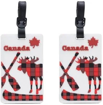 ORB Travel Paquete de 2 etiquetas 3D para bolsa, EM307, a cuadros de Canadá, beigerojonegro, etiquetas de nombre de equipaje, insignia de etiqueta