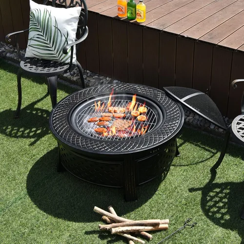 Miniatura 5 de Giantex Pozo de fuego 3 en 1, hoguera de leña al aire libre de 32 pulgadas, estufa redonda multifuncional, cuenco de metal con tapa, hoguera
