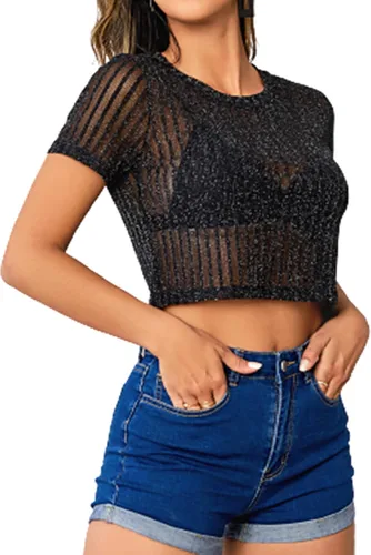 Miniatura 2 de Verdusa Camiseta corta de malla para mujer, manga corta, cuello redondo, transparente, camiseta