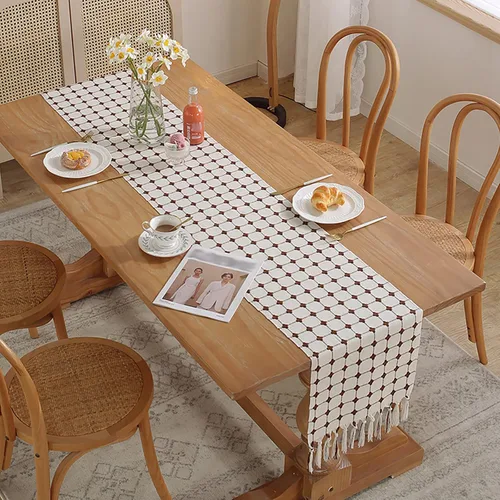 Miniatura 7 de Hsvanyr Centros de mesa rústicos con borlas rectangulares bordadas para cocina, 13 x 63 pulgadas, mantel blanco con cuadros de búfalo marrón café