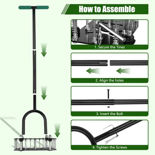 Miniatura 7 de Aireador de césped ajustable con resorte de rebote – 16 picos de metal afilados aireador de suelo con mango ergonómico en T y placa de pie ancha
