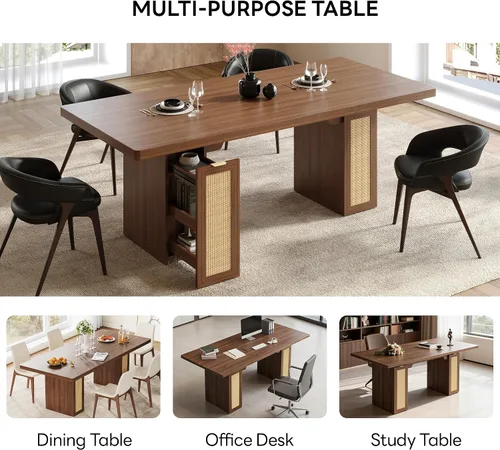 Miniatura 7 de LIKIMIO Mesa de comedor de granja de 78.7 pulgadas para 6-8 personas, parte superior de madera extra gruesa con 2 cajones de almacenamiento Marrón