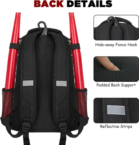 Miniatura 5 de Goloni Mochila de béisbol, bolsa de béisbol para adultos, bolsa de bate de sóftbol con compartimento para zapatos, compartimento principal grande