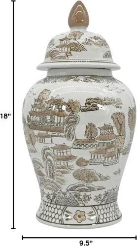 Miniatura 8 de Galt International Jarrón de Templo de Cerámica Chinoiserie Floral Marrón y Blanco de 18" con Tapa - Jarrón de Jengibre Decoración para Hogar
