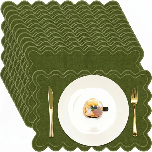 Miniatura 18 de Juego de 12 manteles individuales de lino festoneados de 13 x 19 pulgadas, bordado ondulado, doble capa, lavable, para cena, boda, fiesta