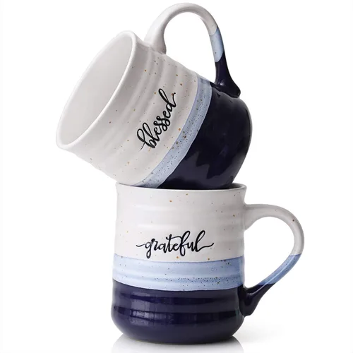DOWAN Tazas de café de 20 oz, tazas grandes con las palabras Bendito Agradecido, taza de café de porcelana, regalos de agradecimiento para mamá