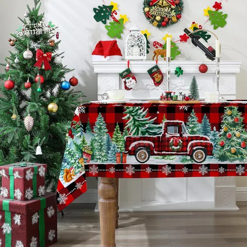Miniatura 7 de Mantel cuadrado de Navidad 52x52 pulgadas - Rojo camión de Navidad, decoración de fiesta para el hogar - Mantel rectangular de Navidad a cuadros