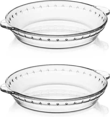 Sweejar Molde de vidrio para hornear (paquete de 2), plato redondo para hornear de 9.5 pulgadas para cena, plato antiadherente con borde ondulado