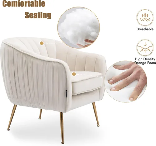 Miniatura 5 de Silla de Acento de Terciopelo, Silla Moderna de Barril, Sillas con Brazos para Sala de Estar y Dormitorio, Acabado Dorado, Beige