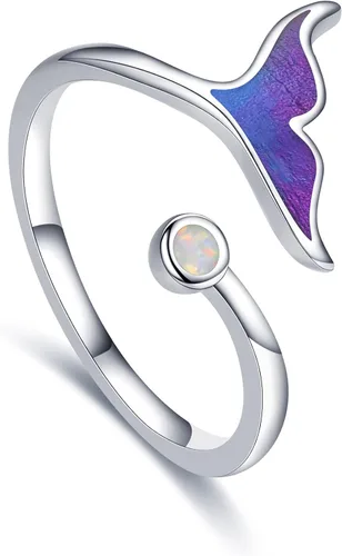 Anillo de sirena de plata de ley 925 con ópalo oceánico ajustable, anillo abierto, joyería de sirena, regalo para mujeres y niñas, Plata de ley 925,
