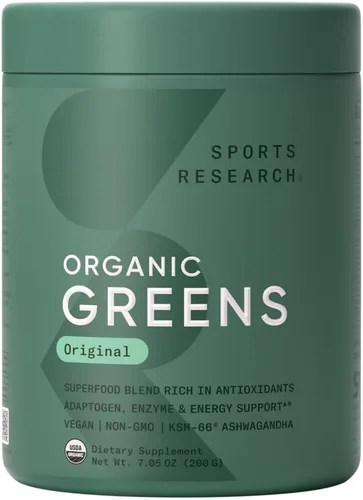 Sports Research® Superalimento en polvo orgánico con espirulina y clorella, adaptógenos, enzimas, probióticos y 8 VIT Bs y monohidrato de creatina y
