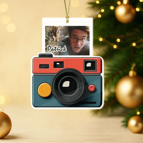 Adorno acrílico en forma de cámara 2D, nombre personalizado y foto colgante de Navidad para fotógrafo, adorno de marco de fotos retro personalizado,