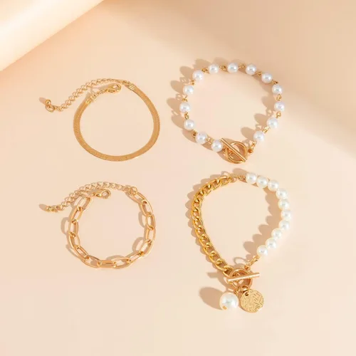 Miniatura 2 de Caiyao Juego de pulseras de clip de cadena de oro de 14 quilates chapadas en oro de 14 quilates con cierre de circonita cúbica para mujer