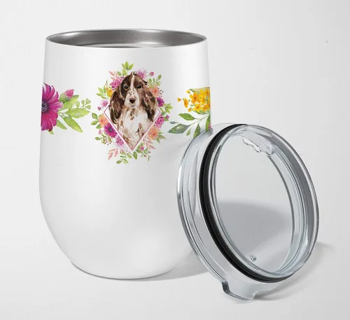 Miniatura 55 de Caroline's Treasures CK4110TBL12 Afghan Hound Pink Flowers - Vaso de vino aislado de acero inoxidable de 12 onzas con tapa, bonita taza de viaje