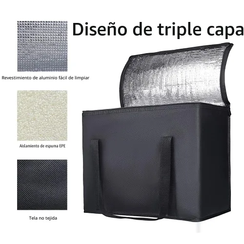 Miniatura 5 de Bodaon Paquete de 2 bolsas de comestibles reutilizables aisladas de servicio pesado, bolsa térmica, extra grande para alimentos congelados, Negro