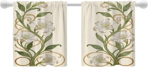 Miniatura 87 de Shrahala Art Nouveau Floral Pattern Blackout Curtain Tiers, Delicate Vine and Flower Design Kitchen Valance Light Blocking Tier Drapes with Rod