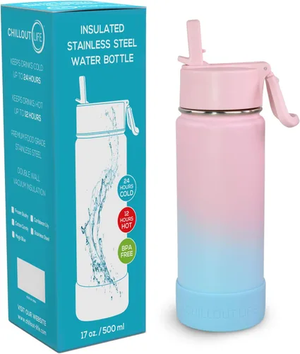 Miniatura 2 de CHILLOUT LIFE - Botella de agua aislada de 17 onzas con tapa con pajilla para niños, a prueba de fugas y bonitas calcomanías impermeables, termo