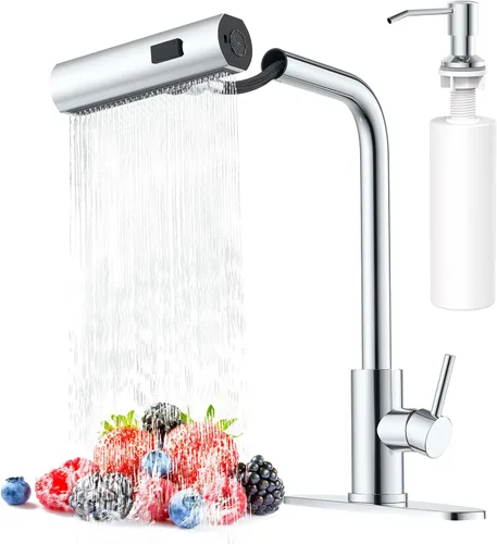 Miniatura 17 de AVSIILE Grifos de cocina en cascada de color negro mate con rociador desplegable y dispensador de jabón, un solo orificio y mango, grifo extraíble