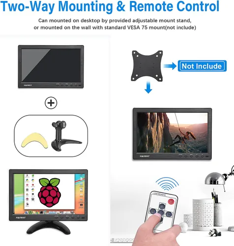 Miniatura 5 de Haiway Monitor de seguridad de 10.1 pulgadas, resolución de 1024 x 600, pequeño monitor HDMI, monitores de computadora pequeños con control remoto