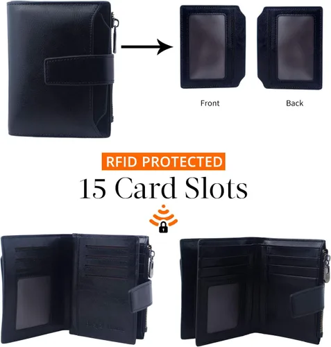 Miniatura 3 de Bveyzi - Billetera pequeña de cuero para mujer con bloqueo RFID, de dos pliegues con cremallera, con ranuras para tarjetas de crédito y ventana