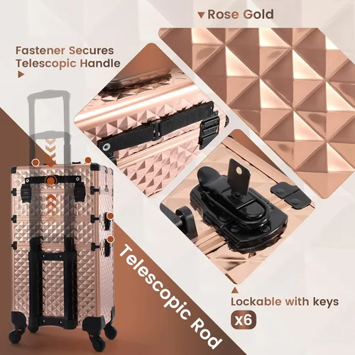 Miniatura 6 de FRENESSA - Estuche de maquillaje rodante 3 en 1, carrito cosmético profesional con gran almacenamiento para esteticistas, estilista de cabello, Oro