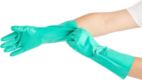 Miniatura 12 de Restaurantware Guantes de limpieza verdes, 10 pares de guantes de nitrilo de 15 mil de grosor, pequeños y resistentes con puño largo, forro