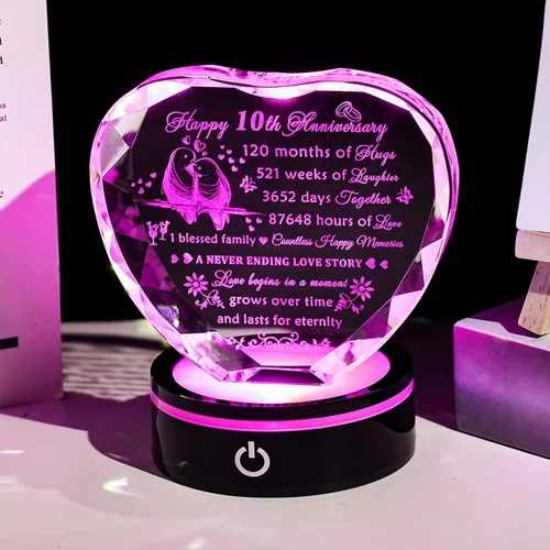 Miniatura 2 de YWHL Regalos de corazón de cristal para parejas con base LED, grabado con láser, regalo de recuerdo de feliz décimo aniversario para esposa, marido