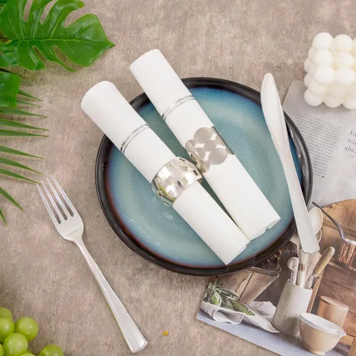 Miniatura 7 de Nervure 100 Piezas Servilletas de Papel Plateadas con Bolsillo Integrado para Cubiertos - Servilletas Desechables Preplegadas Blancas y Plateadas
