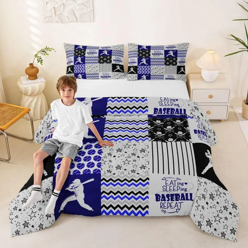 Miniatura 16 de Juego de edredón de softball de retazos a cuadros para niños y niños, edredón de bate de béisbol, juego de pelota deportiva, juego de pelota
