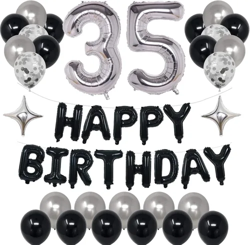 Miniatura 20 de Decoraciones de fiesta de cumpleaños color negro y plateado para niños y niñas, suministros de fiesta de cumpleaños número 14 con pancarta negra