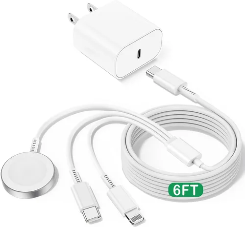 Cargador iWatch para Apple Watch de carga rápida, cable de carga múltiple de 6 pies con cargador de iPhone, bloque USB C, cable de carga de viaje 3