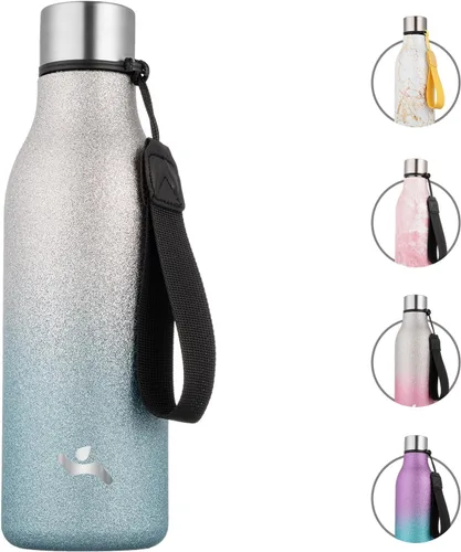 Miniatura 12 de Konokyo Botella de agua aislada con correa, botella de agua de acero inoxidable de 18 onzas de doble pared con aislamiento al vacío, frasco de Verde