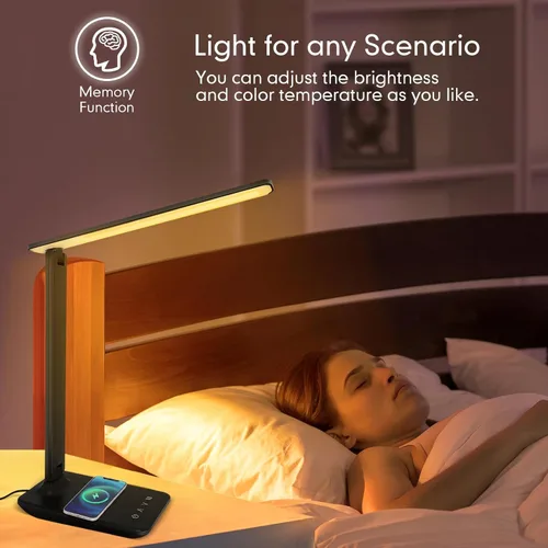 Miniatura 5 de Lámpara de escritorio LED White Crown con cargador inalámbrico de 15W y puerto USB, lámpara de mesa regulable con 5 modos de iluminación, control