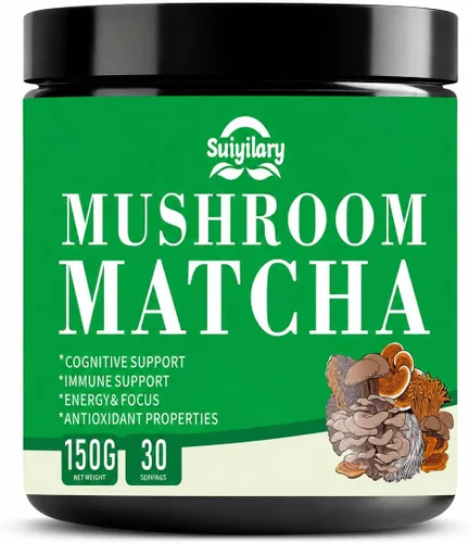 Suiyilary Matcha de hongos, té matcha ceremonial en polvo con 7 hongos superalimentos, sin gluten, sabor genial matcha caliente o frío último, 5.29