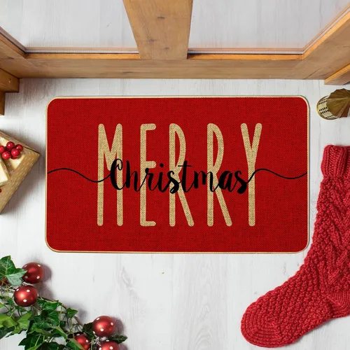 Miniatura 4 de Alfombra Decorativa de Puerta de Bienvenida Roja Feliz Navidad, Alfombra de Puerta de Invierno de Temporada, Alfombra de Piso de Perfil Bajo