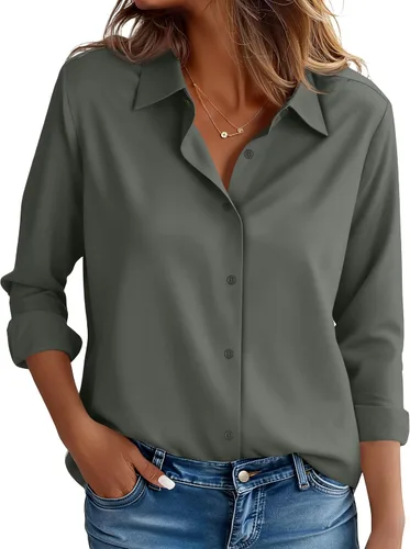 Miniatura 18 de CBOO Camisas resistentes a las manchas para mujer, sin arrugas y sin planchado, blusa de manga larga con botones para oficina Blanco resistente a