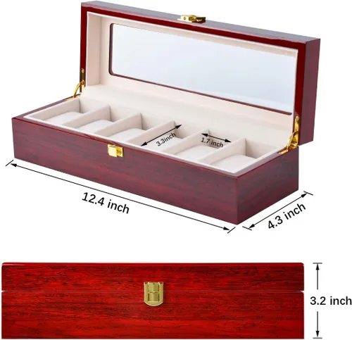 Miniatura 2 de Karamanda Caja de reloj de pintura de madera con 6 ranuras anchas, organizador de almacenamiento de reloj rojo cereza con parte superior de vidrio