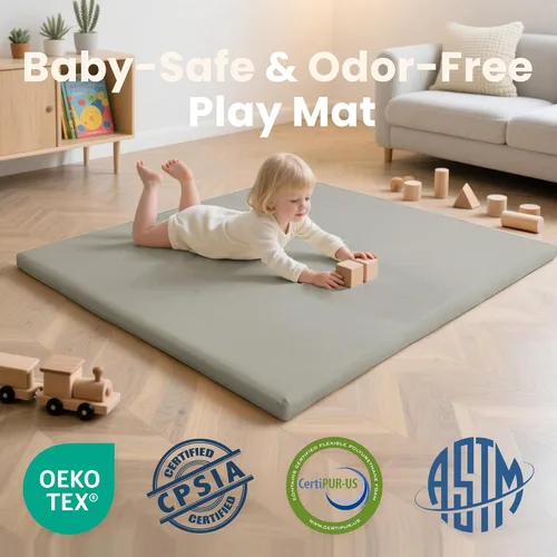 Miniatura 6 de Huloo Sleep Tapete de juego para bebé de 50 x 50 pulgadas, acolchado impermeable de 1.3 pulgadas de grosor, tapete para corral de juegos con cuero
