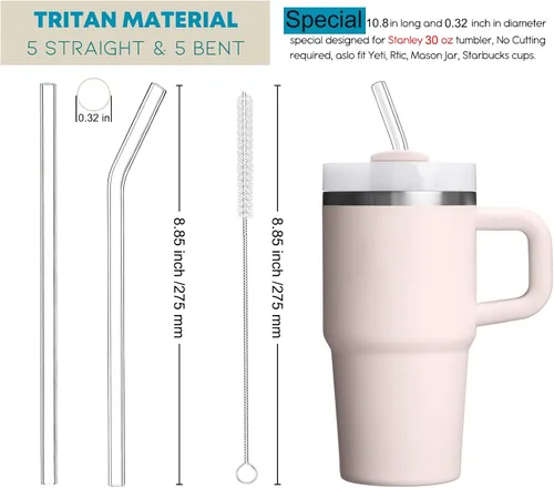 Miniatura 2 de ALINK Paquete de 10 popotes reutilizables transparentes para jarra Stanley de 20 oz y 14 oz, popotes de plástico duro Tritan para Yeti Rtic de 30
