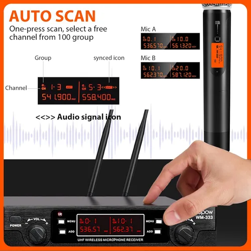 Miniatura 3 de Innopow Sistema de micrófonos inalámbricos de 200 canales, set de micrófonos inalámbricos de metal UHF dual, escaneo automático, largo alcance