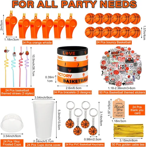 Miniatura 2 de Weysat Juego de 268 piezas de regalos de fiesta de baloncesto para 24 personas, regalos de cumpleaños, tazas de golosinas con pajitas, llaveros