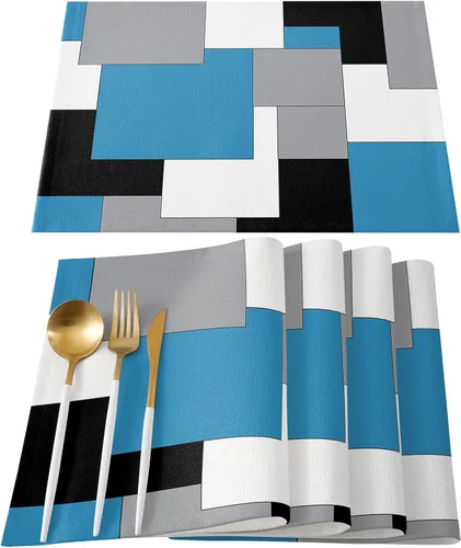 Miniatura 14 de Juego de 4 manteles individuales negros y amarillos, antideslizantes, lavables, manteles individuales de mesa de retazos de arte abstracto para mesa